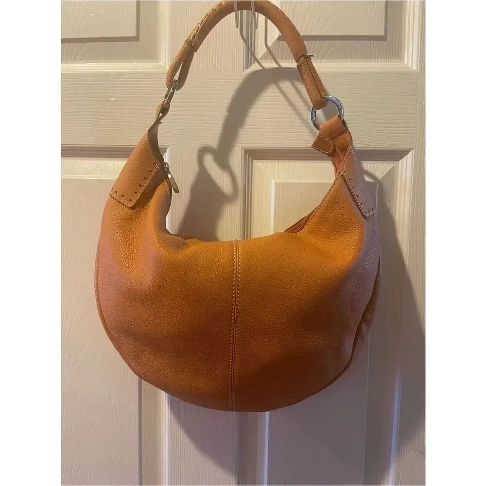 PRUNE Hobo leather Orange Medium Bag stitching accents silver tone hardwares .